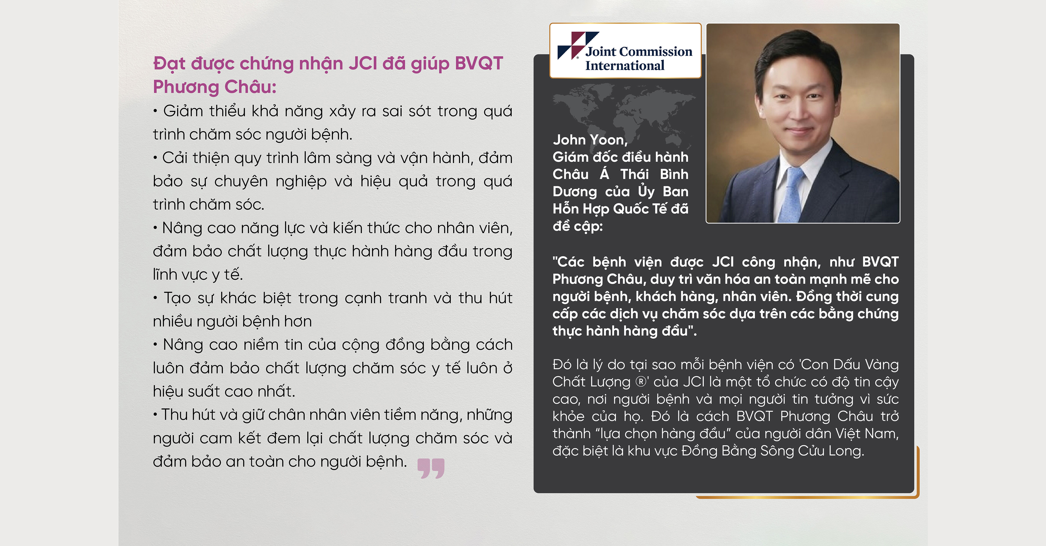 tiêu chuẩn quốc tế JCI, JCI,  bệnh viện đạt tiêu chuẩn JCI đầu tiên tại đồng bằng sông cửu long, phương châu đạt tiêu chuẩn JCI, bệnh viện quốc tế phương châu cần thơ đạt JCI